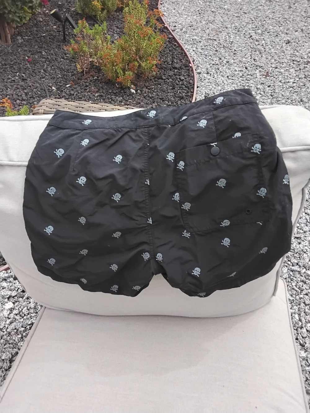 John Varvatos Black Swim Trunks with Light Gray Skull Print